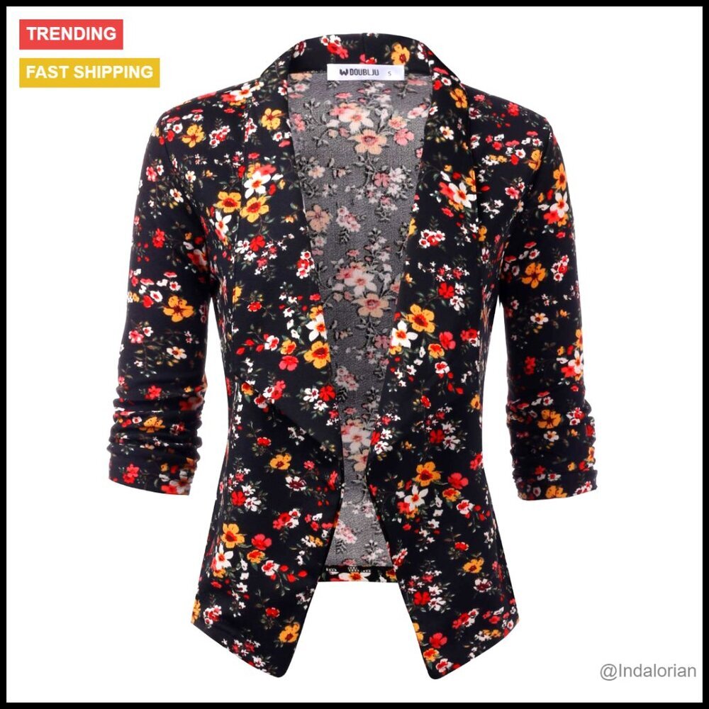 Ruched 3/4 Sleeve Open Front Draped Blazer Business Casual Chic Work Jacket